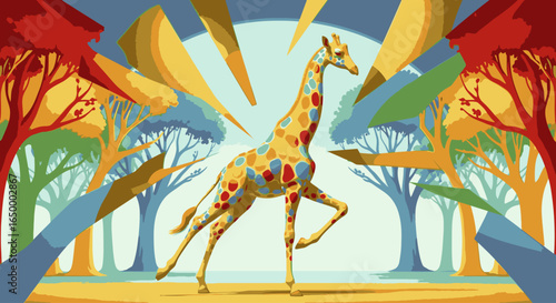 A stylized, colorful giraffe prancing in a vibrant, abstract forest with geometric light rays.