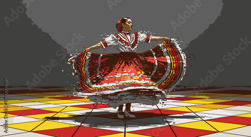 A vibrant illustration of a woman performing a traditional folk dance in a colorful, flowing skirt on a patterned tile floor.