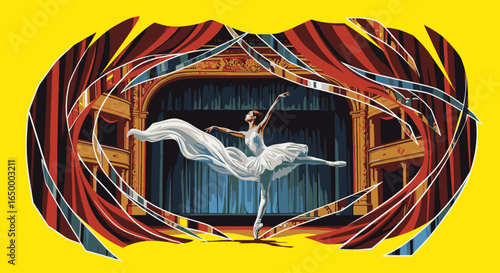 Stylized illustration of a graceful ballerina in a flowing white dress performing on a grand theater stage.