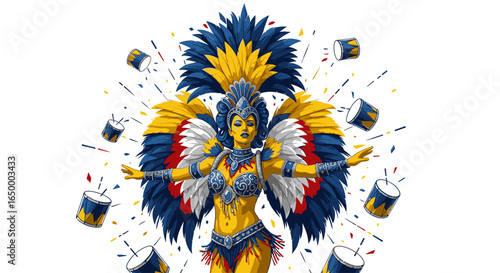 Vibrant illustration of a carnival dancer in a colorful blue, yellow, and red feathered costume surrounded by drums.