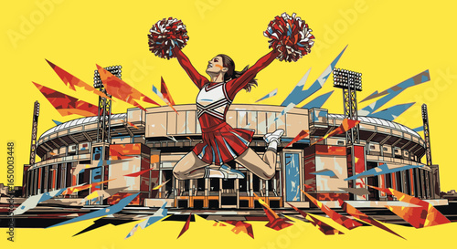 Energetic illustration of a cheerleader jumping with pom-poms in front of a large sports stadium.