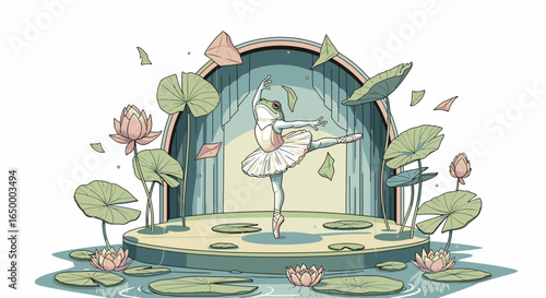 An elegant ballerina in a tutu performs on a stage surrounded by water and lily pads.