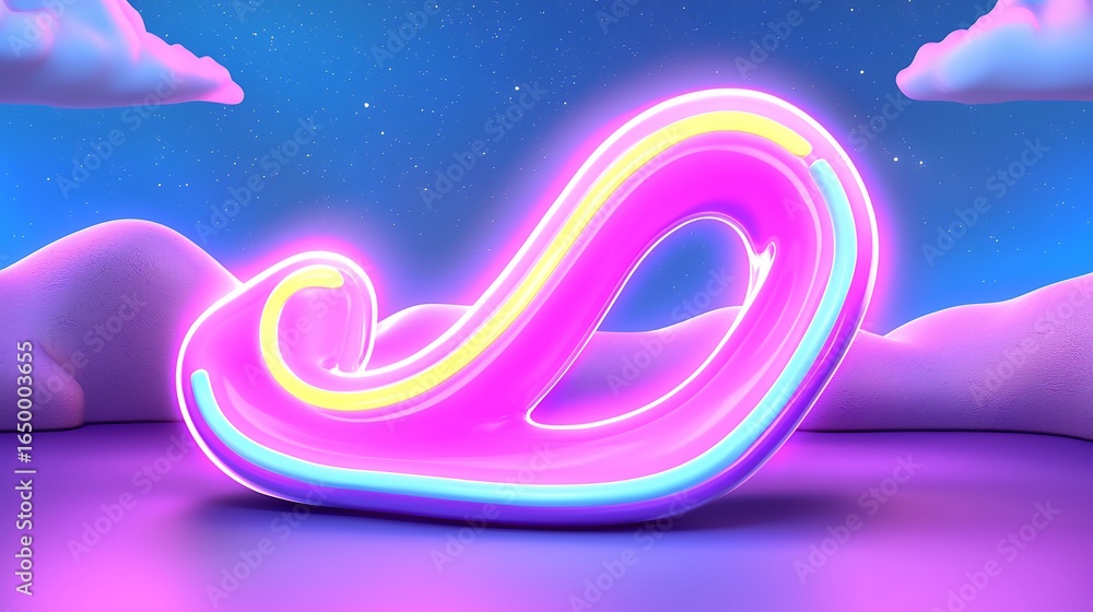 Fototapeta premium Glowing Pink Neon Shape in Pixel Art Night Sky