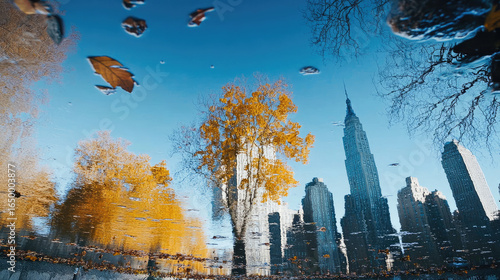 An elegant shot capturing the reflections of trees in the water bodies of Central Park
