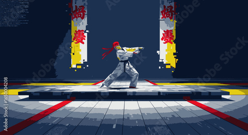 A martial artist in a white gi and red headband stands on a platform aiming a gun in a pixelated, retro-style arena.