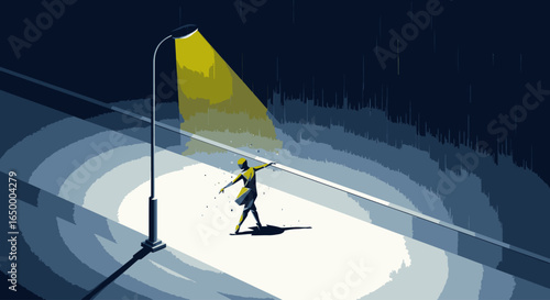 A lone figure joyfully dances in the rain under a bright yellow streetlamp at night.