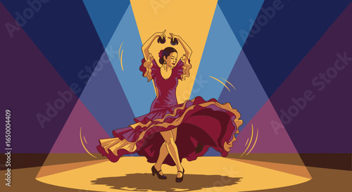 An illustration of a woman in a red dress performing a passionate flamenco dance on a stage under spotlights.