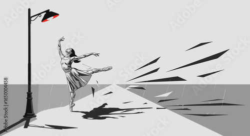 A graceful ballerina dances under a solitary red street lamp, leaving a trail of abstract fragments in her wake.