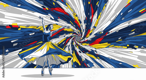 A graceful ballerina in a blue and yellow dress performs against a dynamic, swirling vortex of abstract colors.
