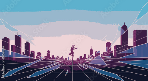 A silhouetted dancer performs gracefully on a digital grid road leading into a futuristic city skyline.