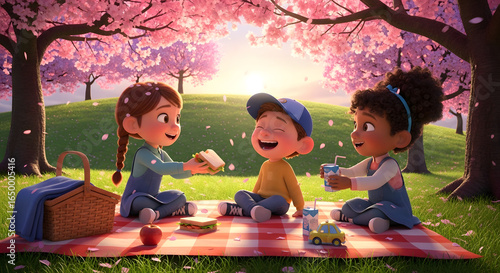 Wallpaper Mural A delightful springtime picnic scene featuring animated children sharing food and drinks under blossoming cherry trees, evoking a sense of joy, friendship and carefree childhood moments amidst a Torontodigital.ca