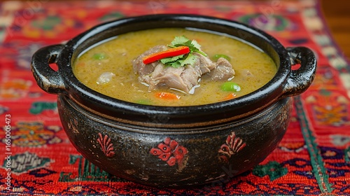 Hearty Lamb Stew in Rustic Bowl on Ornate Carpet