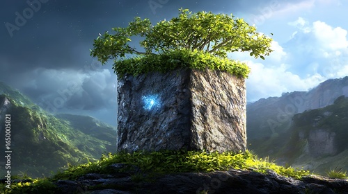 Luminous Stone Cube with Vegetation in Mountainous Landscape