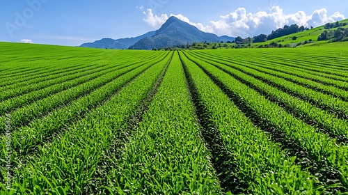 Lush Green Agricultural Field with Mountainous Backdrop Under a Sunny Sky