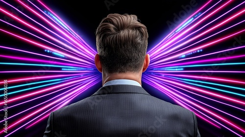 Man in Suit Facing Vibrant Neon Light Streaks