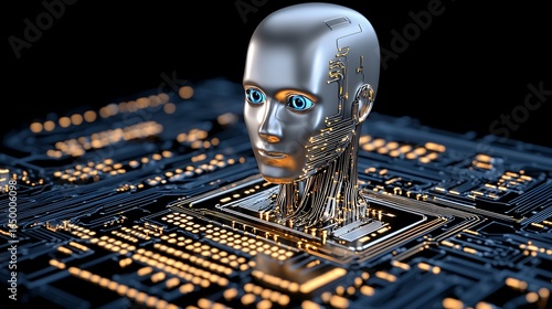 Metallic Android Head Emerging from Glowing Circuit Board