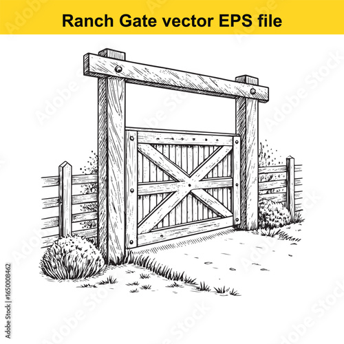Rustic wooden ranch gate with cross bracing, a classic rural entrance illustration
