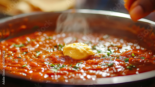 An enticing close-up of pav bhaji being served with a dollop of butter