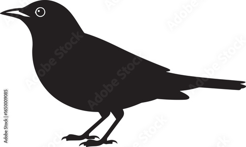 Black Bird Silhouette Vector Icon - Isolated Songbird or Starling Graphic on White Background.