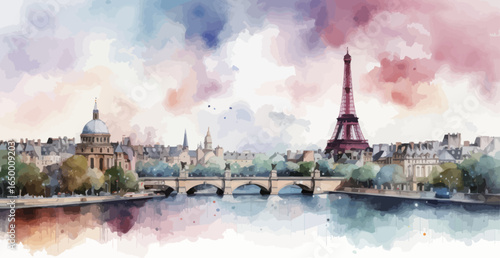 Paris skyline of watercolor painting