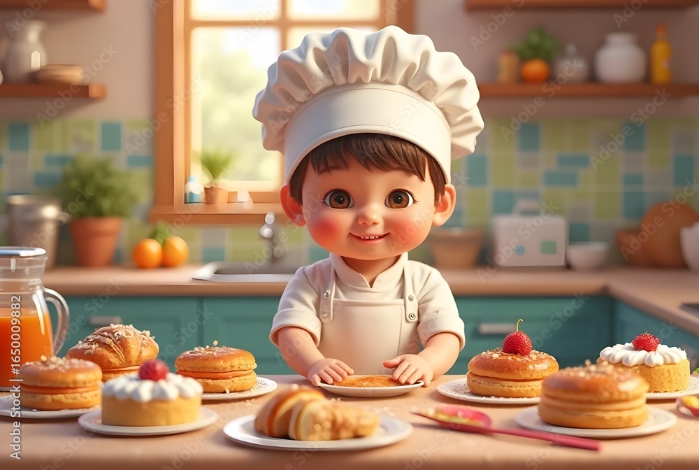 Little Chef in a Playful Kitchen: A child model dressed in a chef hat and apron, happily arranging pastries and desserts in a colorful kitchen setting. Little Chef in a Playful Kitchen: A child model dressed in a chef hat and apron, happily arranging pastries and desserts in a colorful kitchen setting.