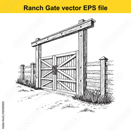 Rustic wooden ranch gate with cross bracing, a classic rural entrance illustration