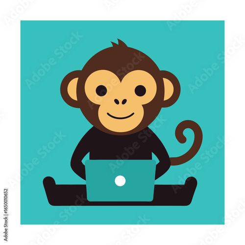 Little Monkey Playing Jungle Game On Laptop Vector Illustration