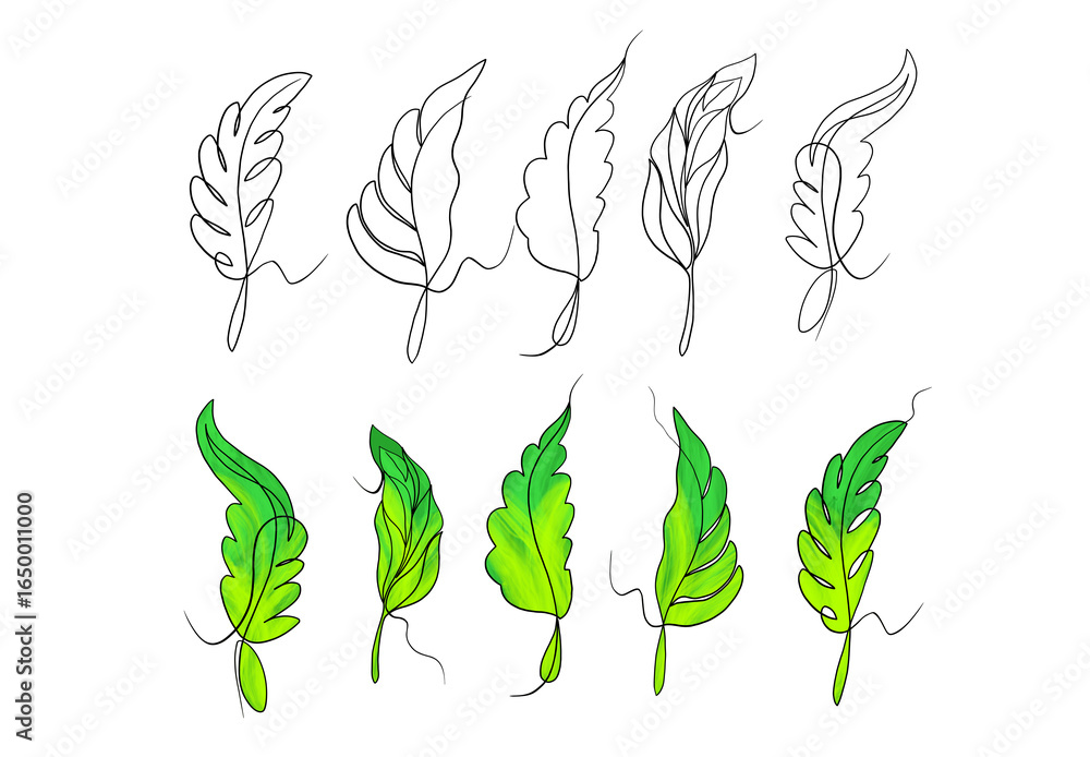 Obraz premium Elegant leaf line art and vibrant green watercolor style vector set, featuring delicate botanical illustrations for nature-inspired designs, textile patterns, and artistic embellishments.