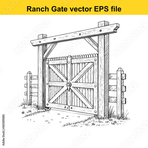 Rustic wooden ranch gate with cross bracing, a classic rural entrance illustration