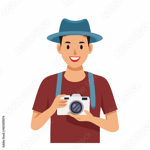 Flat vector icon of a photographer with a camera, representing photography and media profession.