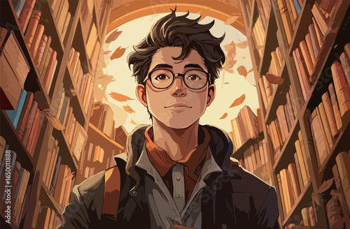 College student in glasses standing near book shelves, cartoon style.