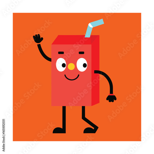 Walking Juice Box Waving Hand Cartoon Style