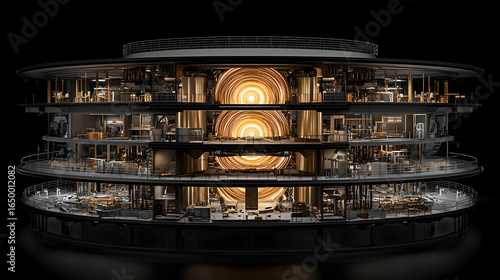 A modern building featuring a unique circular structure surrounded by lush green landscaping elements.