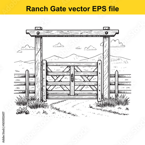 Rustic wooden ranch gate with cross bracing, a classic rural entrance illustration