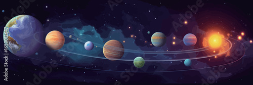A colorful image of the planets in the solar system. The planets are arranged in a line, with the sun in the middle. The image has a peaceful and serene mood, as it showcases the beauty