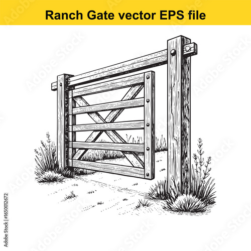 Rustic wooden ranch gate with cross bracing, a classic rural entrance illustration
