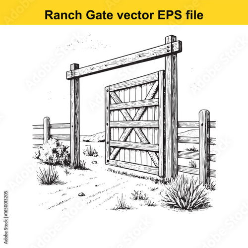 Rustic wooden ranch gate with cross bracing, a classic rural entrance illustration
