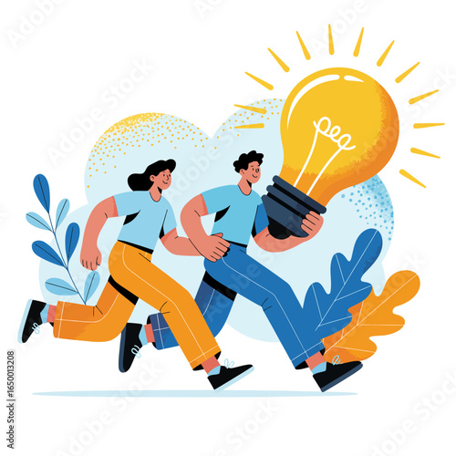 A couple energetically rushes forward while holding a large light bulb, symbolizing the pursuit of innovation and creativity in today's fast-paced world.