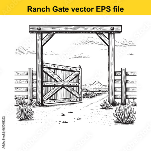 Rustic wooden ranch gate with cross bracing, a classic rural entrance illustration