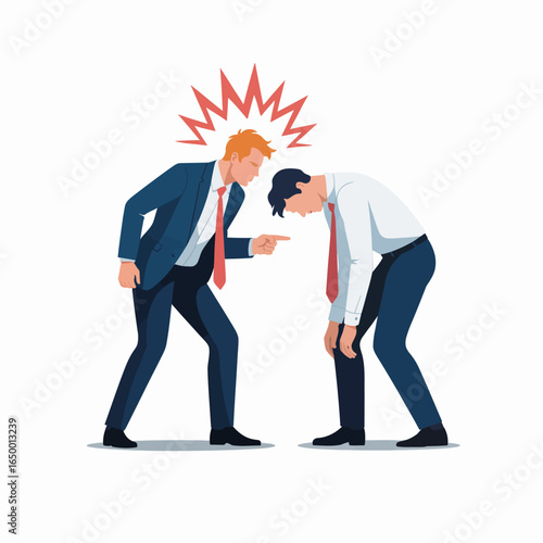 A tense workplace confrontation between two men, showcasing one yelling and pointing at the other, who appears defeated and withdrawn, capturing an emotional power dynamic.