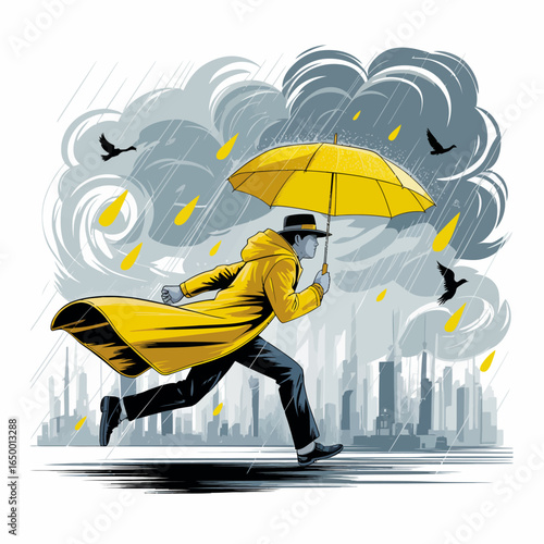 A man in a bright yellow raincoat dashes through a stormy cityscape, holding a yellow umbrella, showcasing resilience in adverse weather conditions.