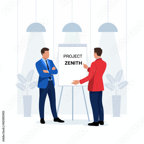 Two businessmen discussing Project Zenith in a modern office setting. The image depicts collaboration and strategic planning with a clear presentation.