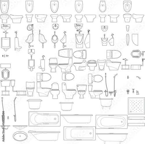 2D Vector Lining Bathroom Sanitary Kit for Interior Design and Architecture