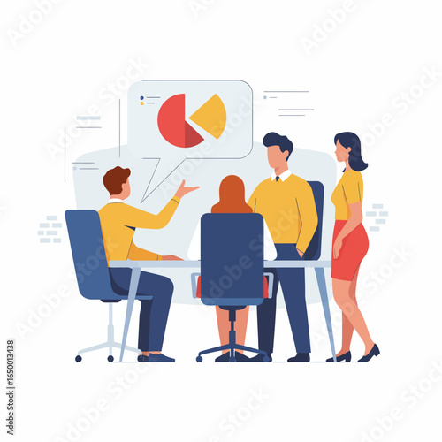 A team discusses strategic planning and growth while analyzing a pie chart in a collaborative meeting environment, signifying teamwork and shared ambitions for success.