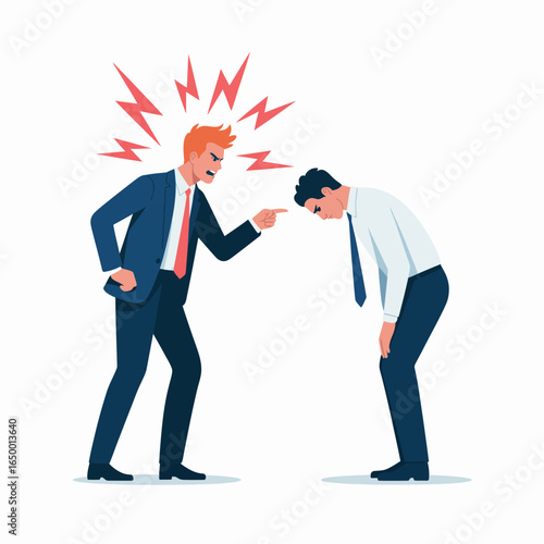 This illustration depicts a frustrated boss angrily lecturing a subordinate who stands hunched over in defeat and submission, illustrating workplace tension and dynamics.