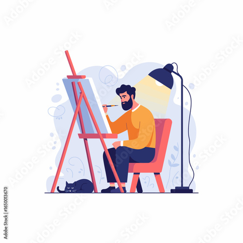 A bearded man sits comfortably painting on an easel in a cozy environment, with a cat lazily resting beside him, emphasizing tranquility and the joy of artistic expression.