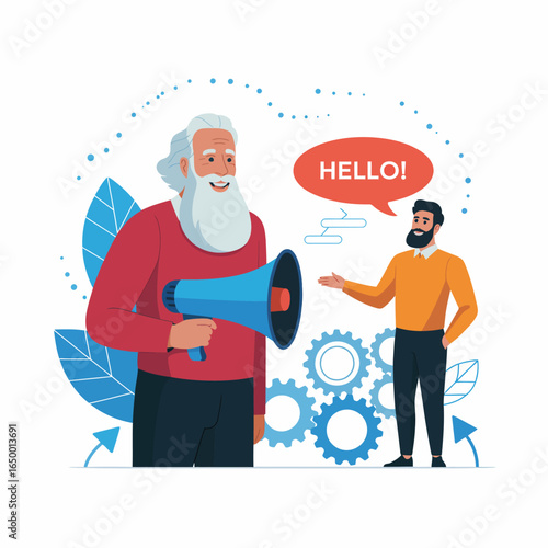 A cheerful elderly man with a megaphone talks to a younger figure, representing intergenerational communication and the sharing of ideas in a vibrant, innovative environment.