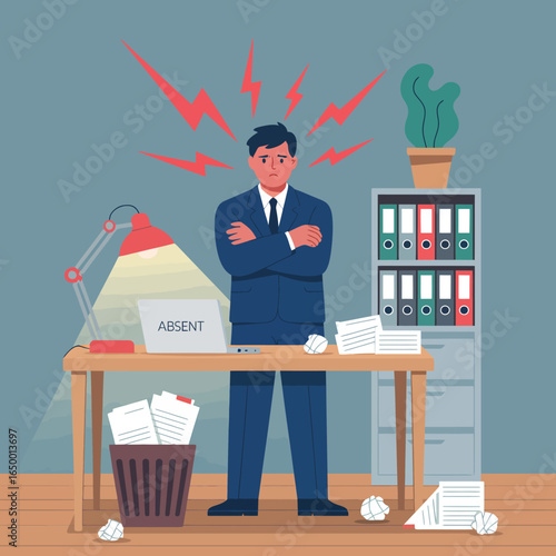 A frustrated businessman stands in a cluttered office, arms crossed, amidst scattered papers, highlighting the stress of workplace chaos and absenteeism in a corporate setting.