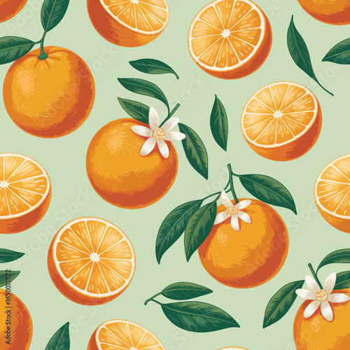 A vibrant repeating pattern of fresh oranges and blossoms, featuring bright colors and natural elements, perfect for textile or wallpaper design with a cheerful ambiance.