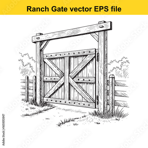 Rustic wooden ranch gate with cross bracing, a classic rural entrance illustration